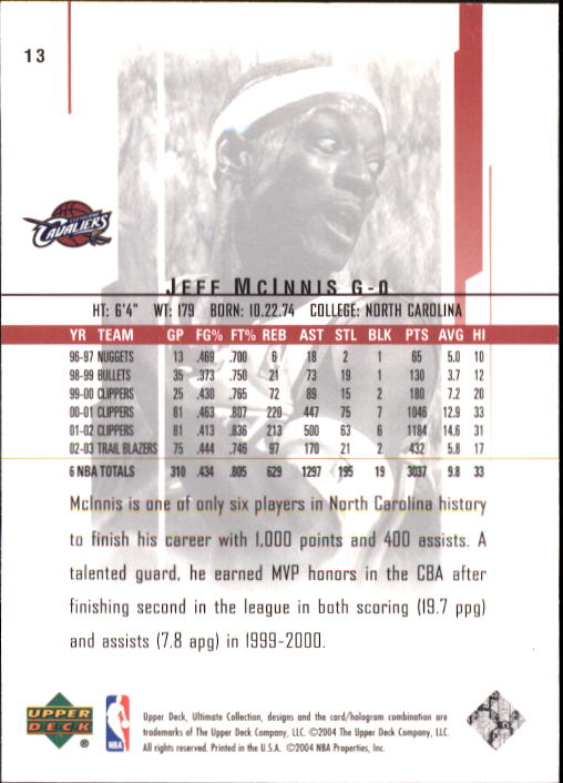 2003-04 Ultimate Collection #13 Jeff McInnis back image
