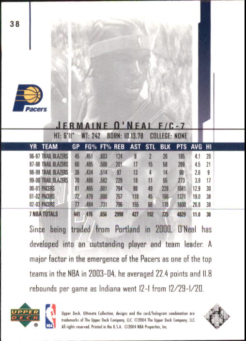 2003-04 Ultimate Collection #38 Jermaine O'Neal back image