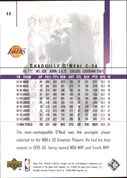 2003-04 Ultimate Collection #46 Shaquille O'Neal back image