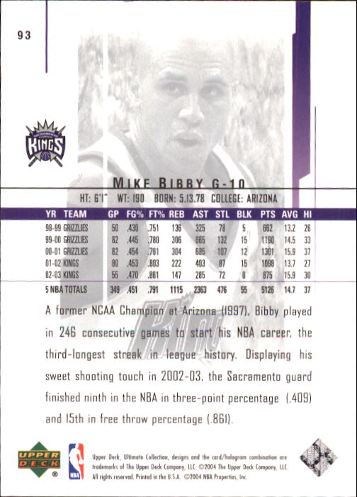 2003-04 Ultimate Collection #93 Mike Bibby back image