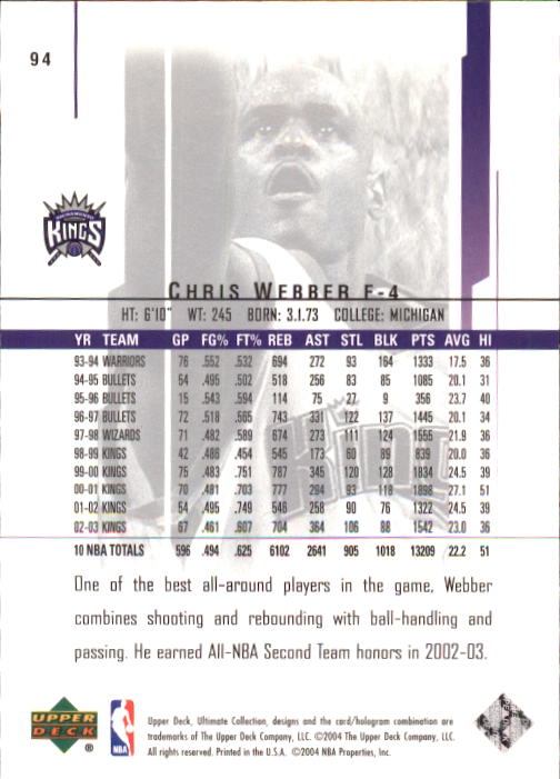 2003-04 Ultimate Collection #94 Chris Webber back image
