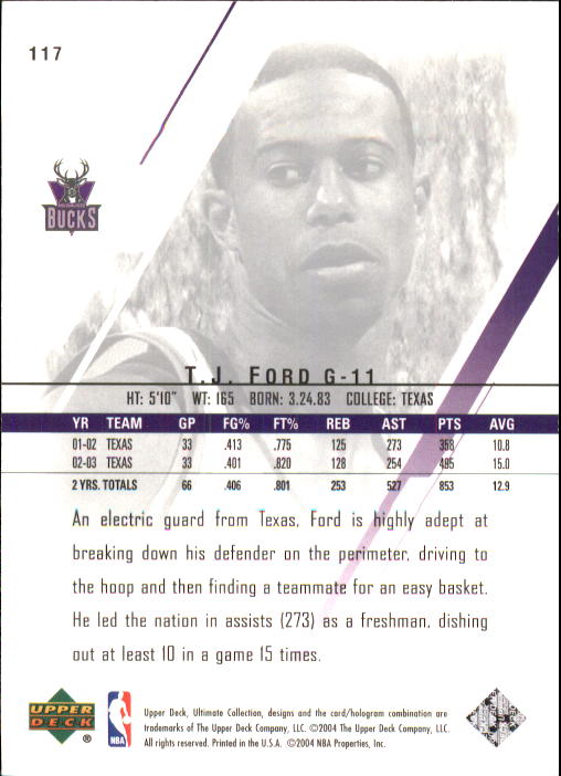 2003-04 Ultimate Collection #117 T.J. Ford RC back image