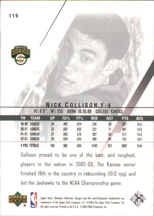 2003-04 Ultimate Collection #119 Nick Collison RC back image