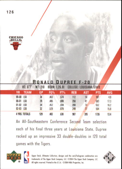 2003-04 Ultimate Collection #126 Ronald Dupree RC back image