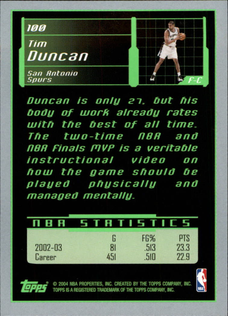 2003-04 Topps Rookie Matrix #100 Tim Duncan back image