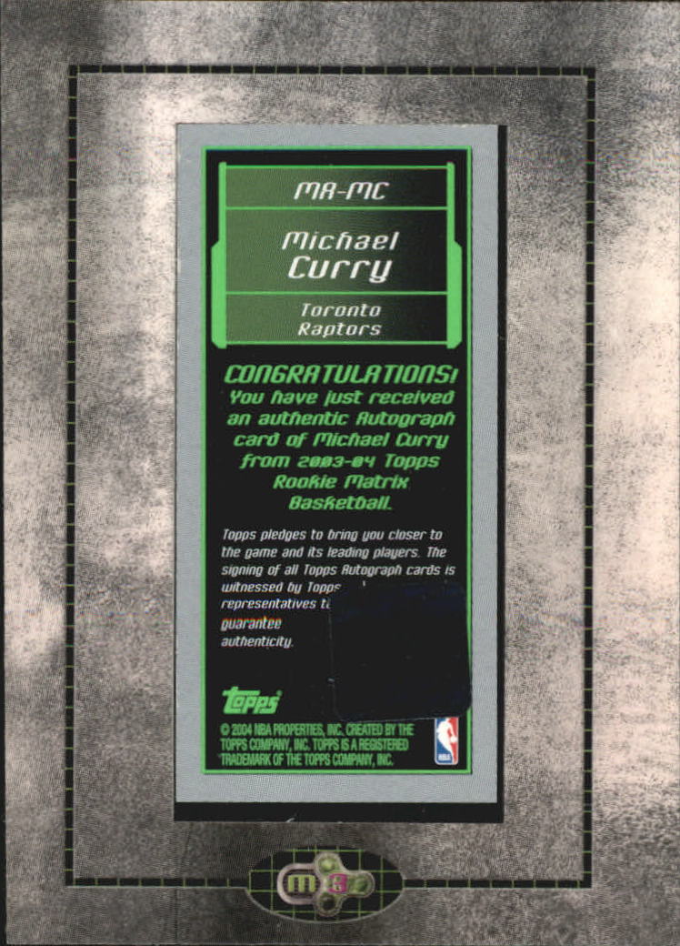 2003-04 Topps Rookie Matrix Mini Autographs #MC Michael Curry G back image