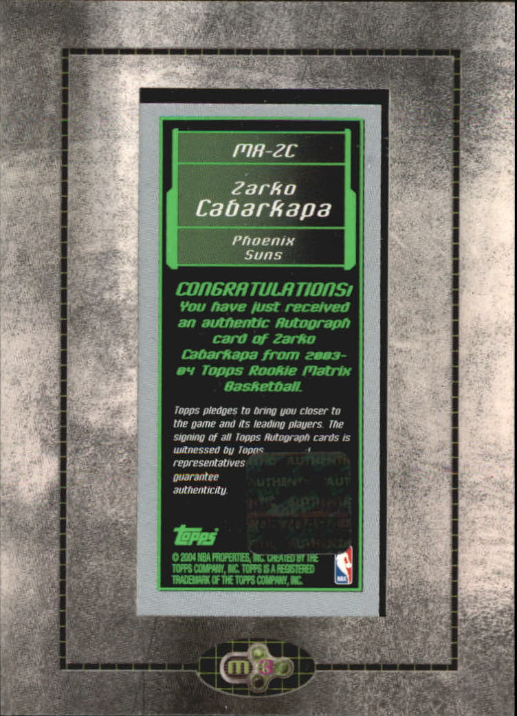 2003-04 Topps Rookie Matrix Mini Autographs #ZC Zarko Cabarkapa G back image