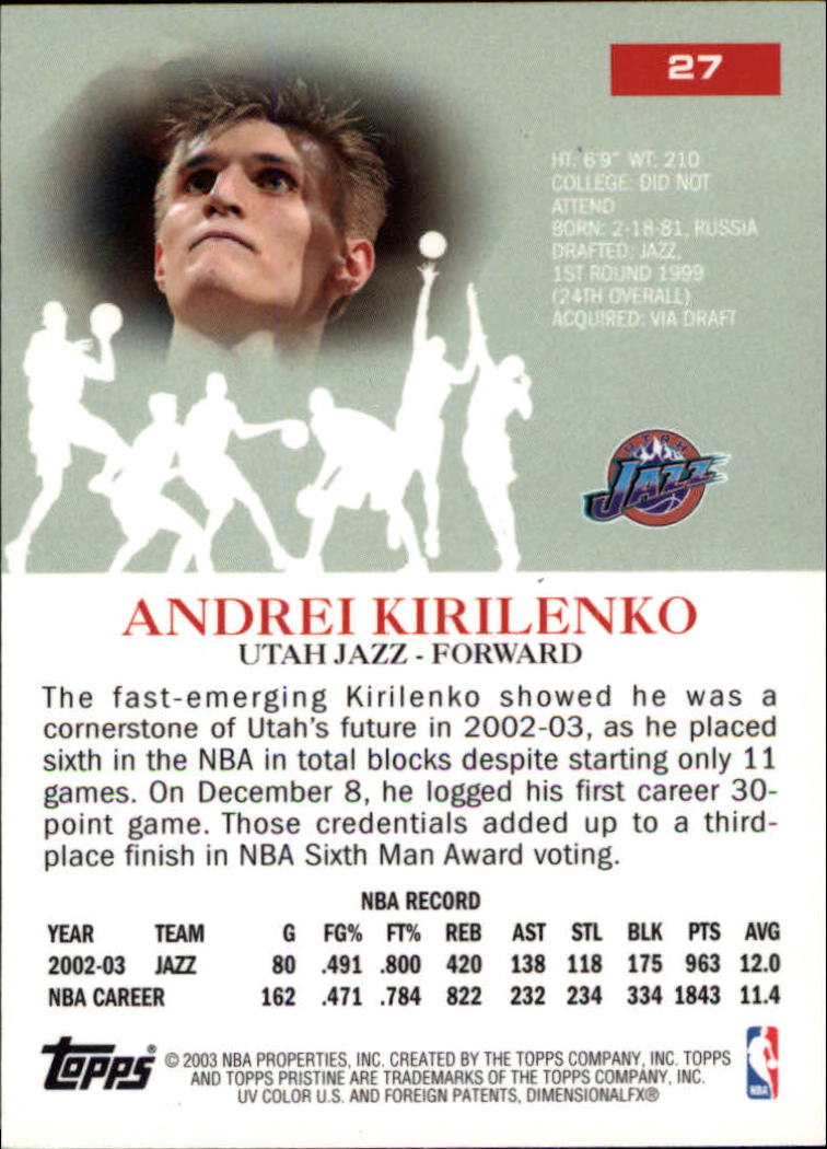 2003-04 Topps Pristine #27 Andrei Kirilenko back image