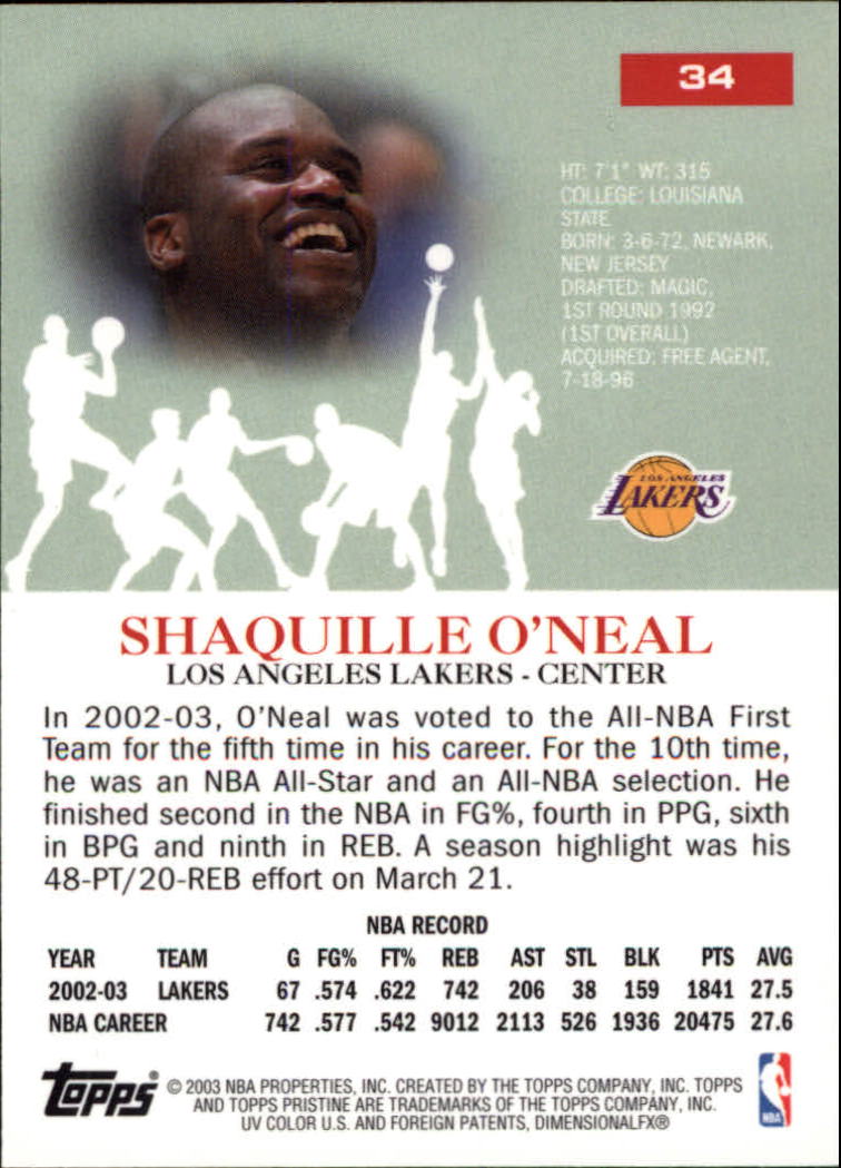 2003-04 Topps Pristine #34 Shaquille O'Neal back image