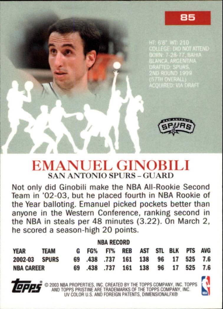 2003-04 Topps Pristine #85 Manu Ginobili back image