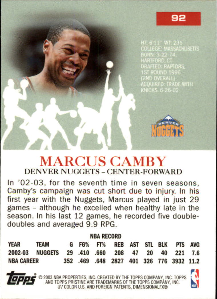 2003-04 Topps Pristine #92 Marcus Camby back image