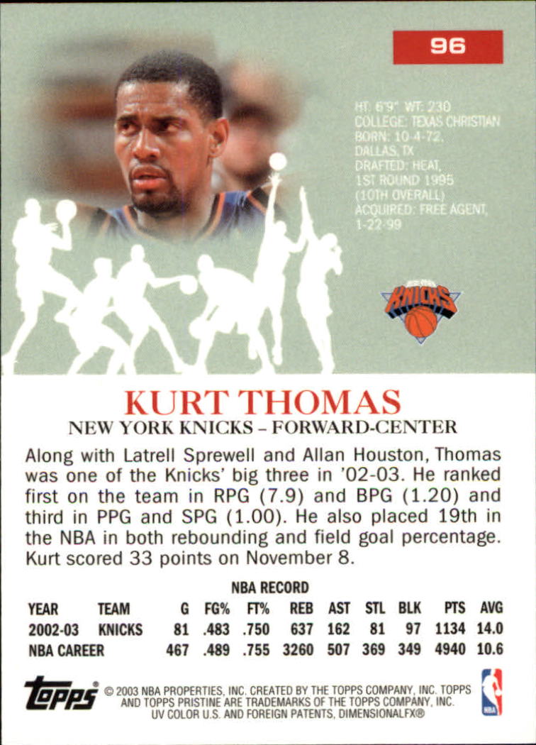 2003-04 Topps Pristine #96 Kurt Thomas back image