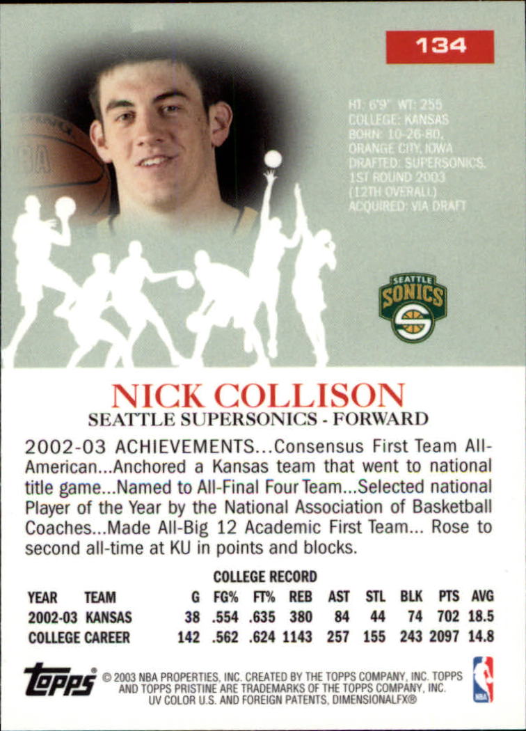 2003-04 Topps Pristine #134 Nick Collison C RC back image