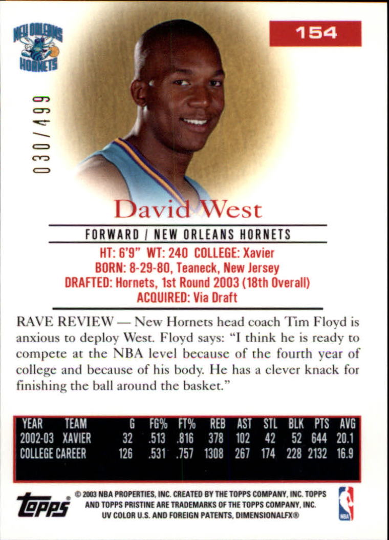 2003-04 Topps Pristine #154 David West R back image