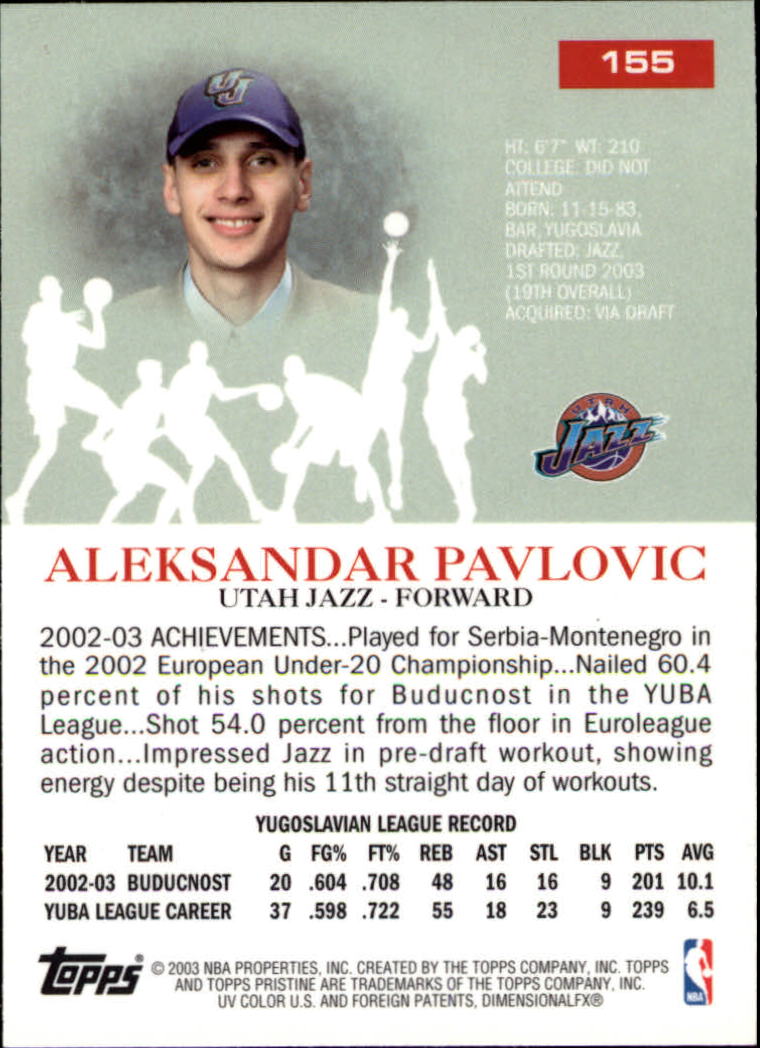 2003-04 Topps Pristine #155 Aleksandar Pavlovic C RC back image