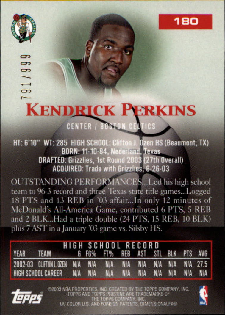 2003-04 Topps Pristine #180 Kendrick Perkins U back image