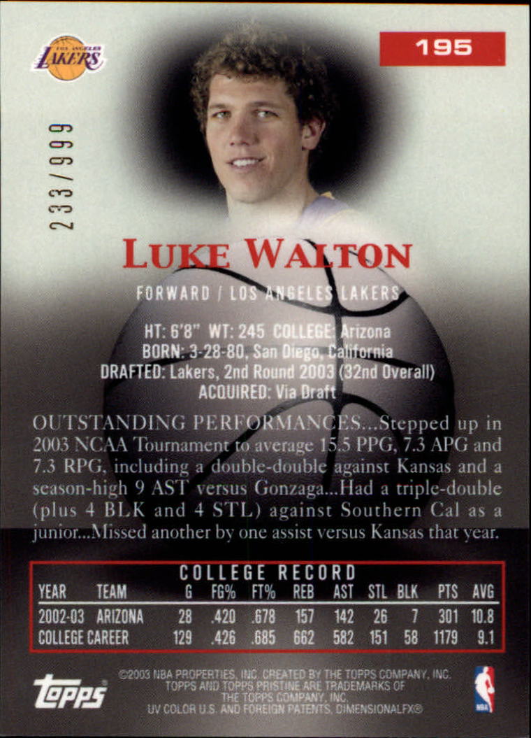2003-04 Topps Pristine #195 Luke Walton U back image