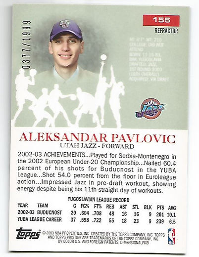 2003-04 Topps Pristine Refractors #155 Aleksandar Pavlovic C back image