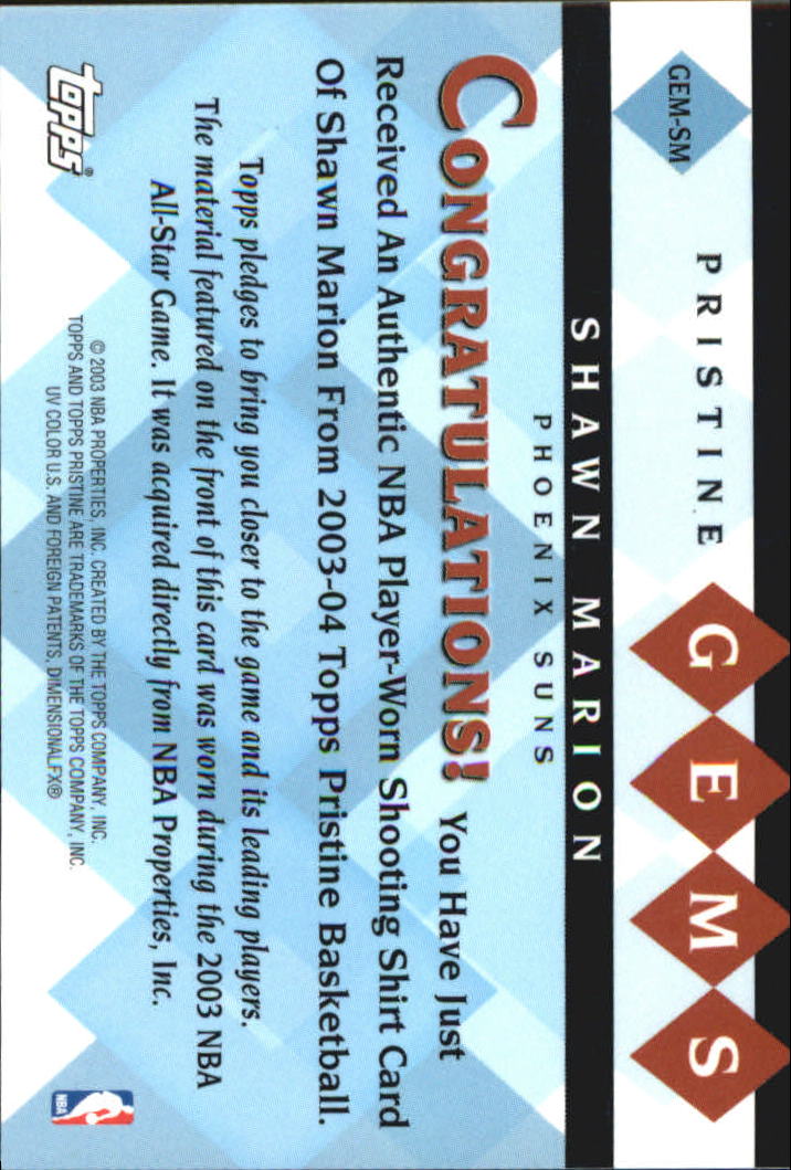 2003-04 Topps Pristine Gems Relics #SM Shawn Marion G back image