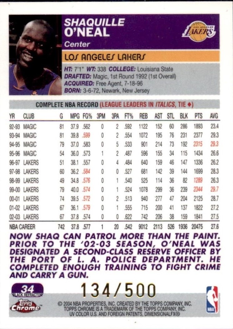 2003-04 Topps Chrome Refractors Black #34 Shaquille O'Neal back image