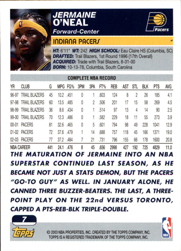 2003-04 Topps Collection #7 Jermaine O'Neal back image