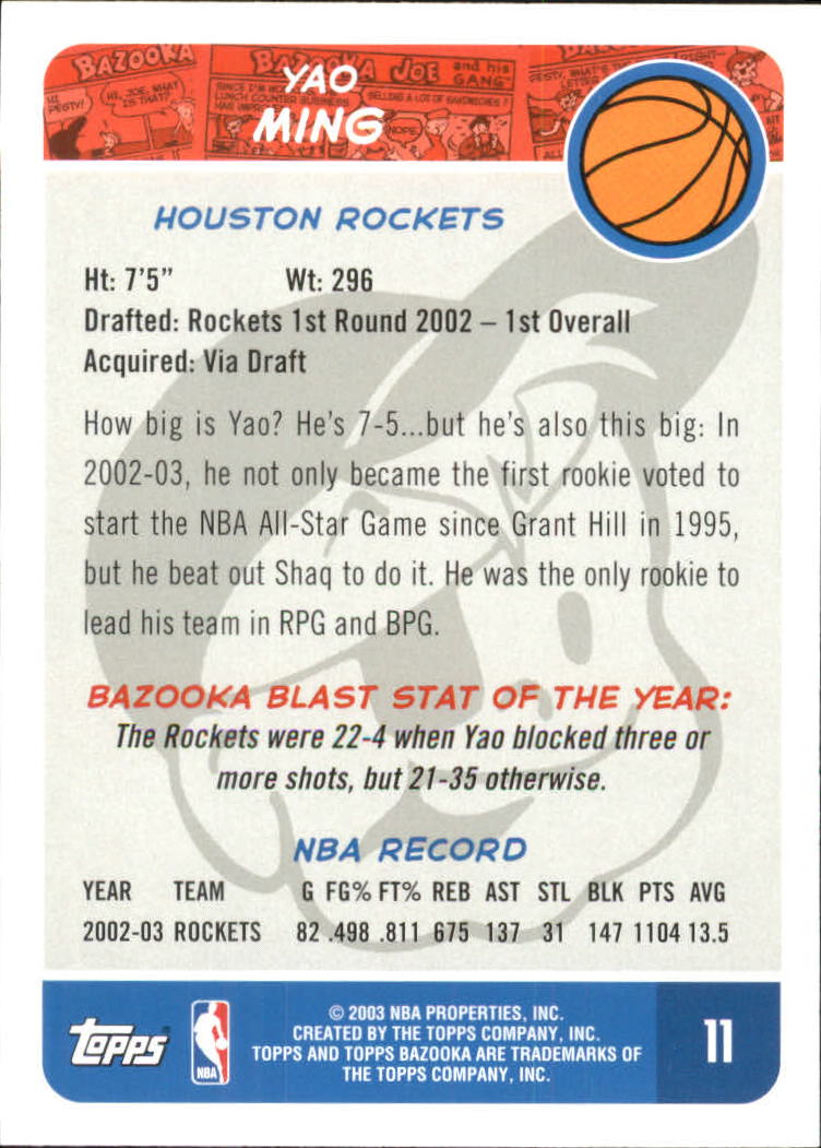 2003-04 Bazooka #11 Yao Ming - NM-MT - Birmingham Sports Cards | Beckett  Marketplace