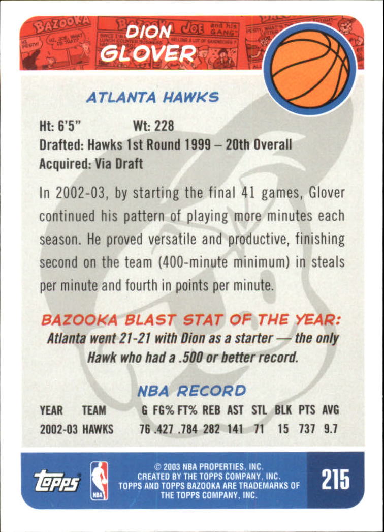 2003-04 Bazooka #215 Dion Glover back image
