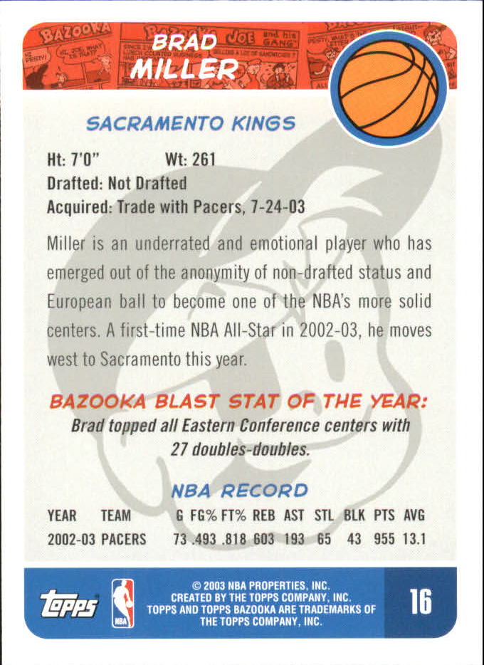 2003-04 Bazooka Mini #16 Brad Miller back image