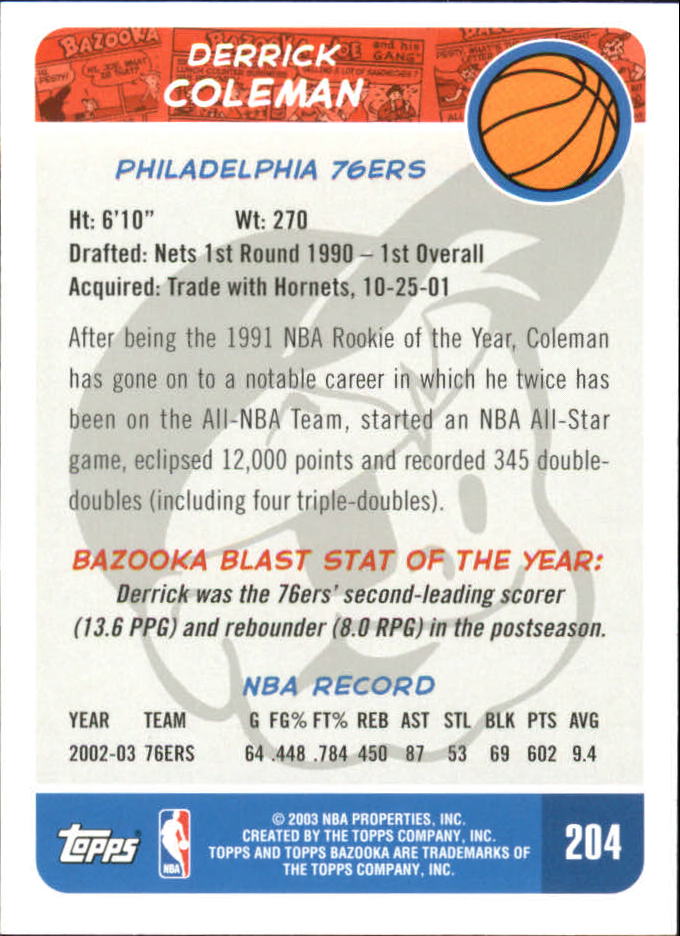 2003-04 Bazooka Mini #204 Derrick Coleman back image