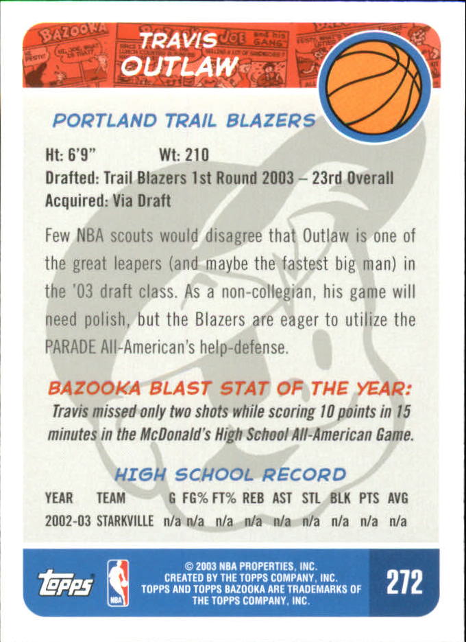 2003-04 Bazooka Mini #272 Travis Outlaw back image