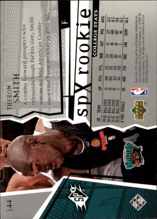 2003-04 SPx #144 Theron Smith RC back image