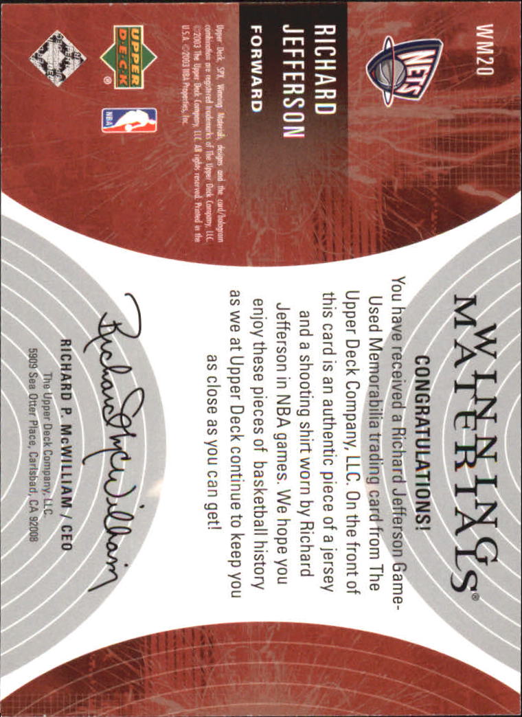 2003-04 SPx Winning Materials #WM20 Richard Jefferson back image