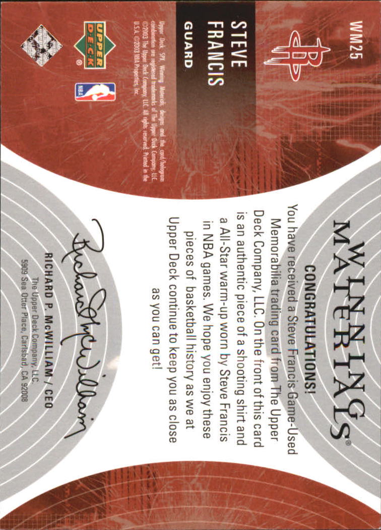 2003-04 SPx Winning Materials #WM25 Steve Francis back image
