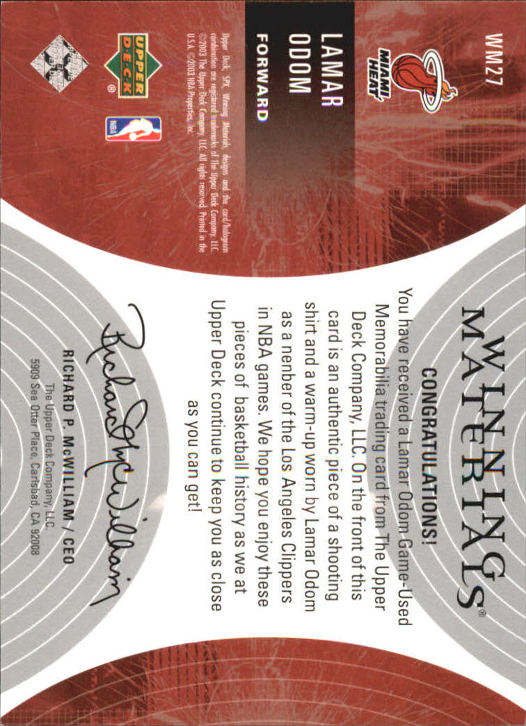 2003-04 SPx Winning Materials #WM27 Lamar Odom back image