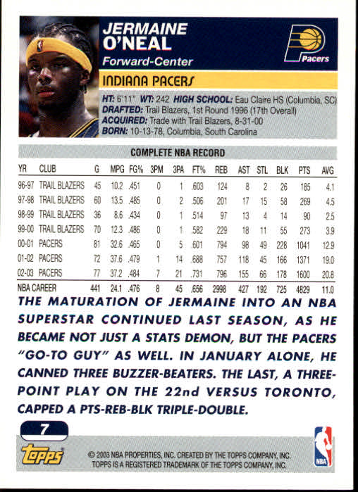 2003-04 Topps #7 Jermaine O'Neal back image