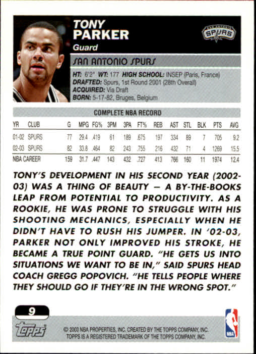 2003-04 Topps #9 Tony Parker back image