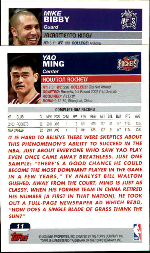 2003-04 Topps #11 Yao Ming back image
