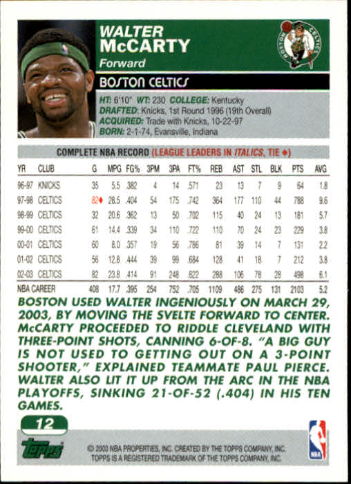 2003-04 Topps #12 Walter McCarty back image