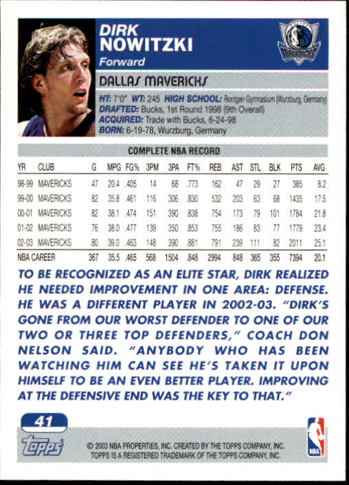 2003-04 Topps #41 Dirk Nowitzki back image