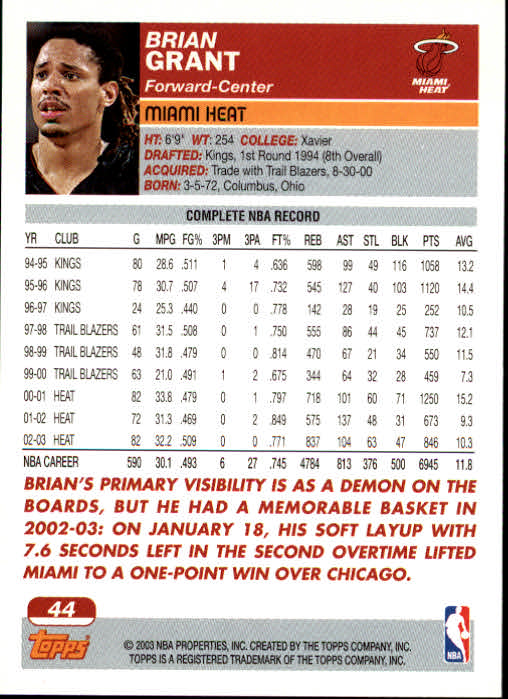 2003-04 Topps #44 Brian Grant back image