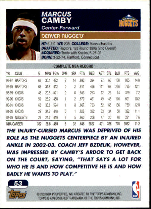 2003-04 Topps #53 Marcus Camby back image