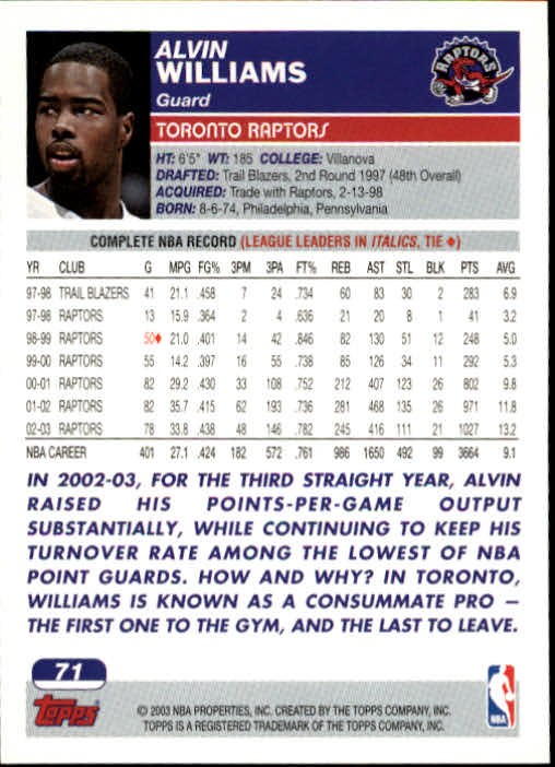2003-04 Topps #71 Alvin Williams back image