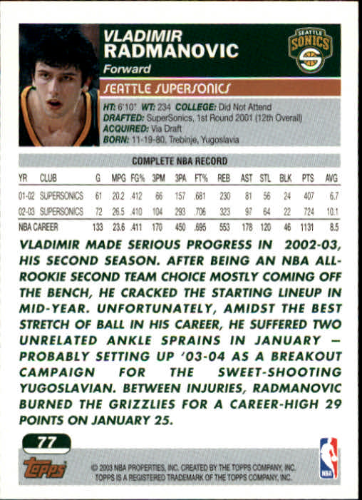 2003-04 Topps #77 Vladimir Radmanovic back image