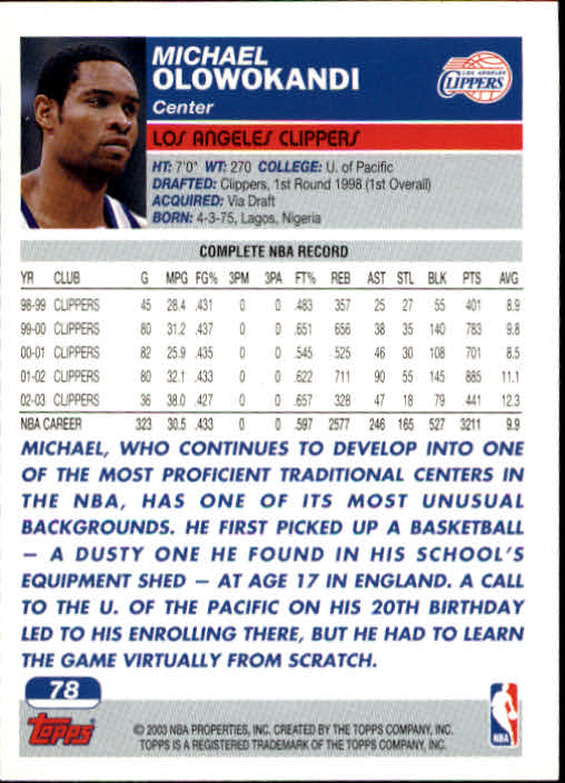 2003-04 Topps #78 Michael Olowokandi back image