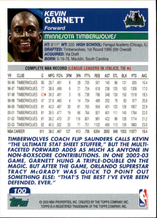 2003-04 Topps #100 Kevin Garnett back image