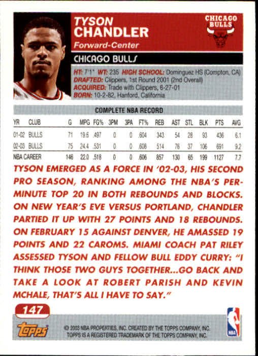 2003-04 Topps #147 Tyson Chandler back image