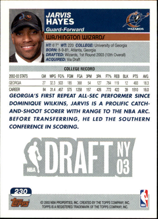 2003-04 Topps #230 Jarvis Hayes RC back image