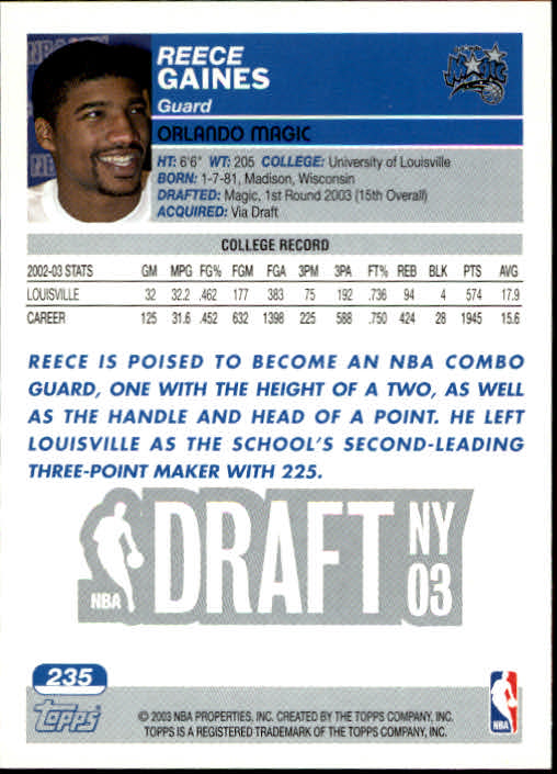 2003-04 Topps #235 Reece Gaines RC back image