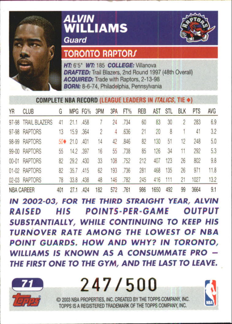 2003-04 Topps Black #71 Alvin Williams back image