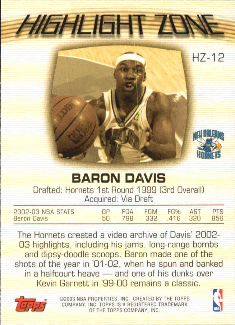 2003-04 Topps Highlight Zone #HZ12 Baron Davis back image